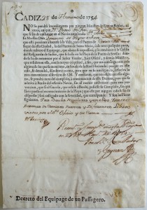 Utförseltillstånd för Pehr Löflings bagage, Cádiz 28 januari 1754